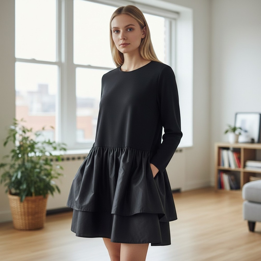 Ann Mashburn SILK Dress Womens L Black Wool Blend Pockets Designer Quiet Luxury